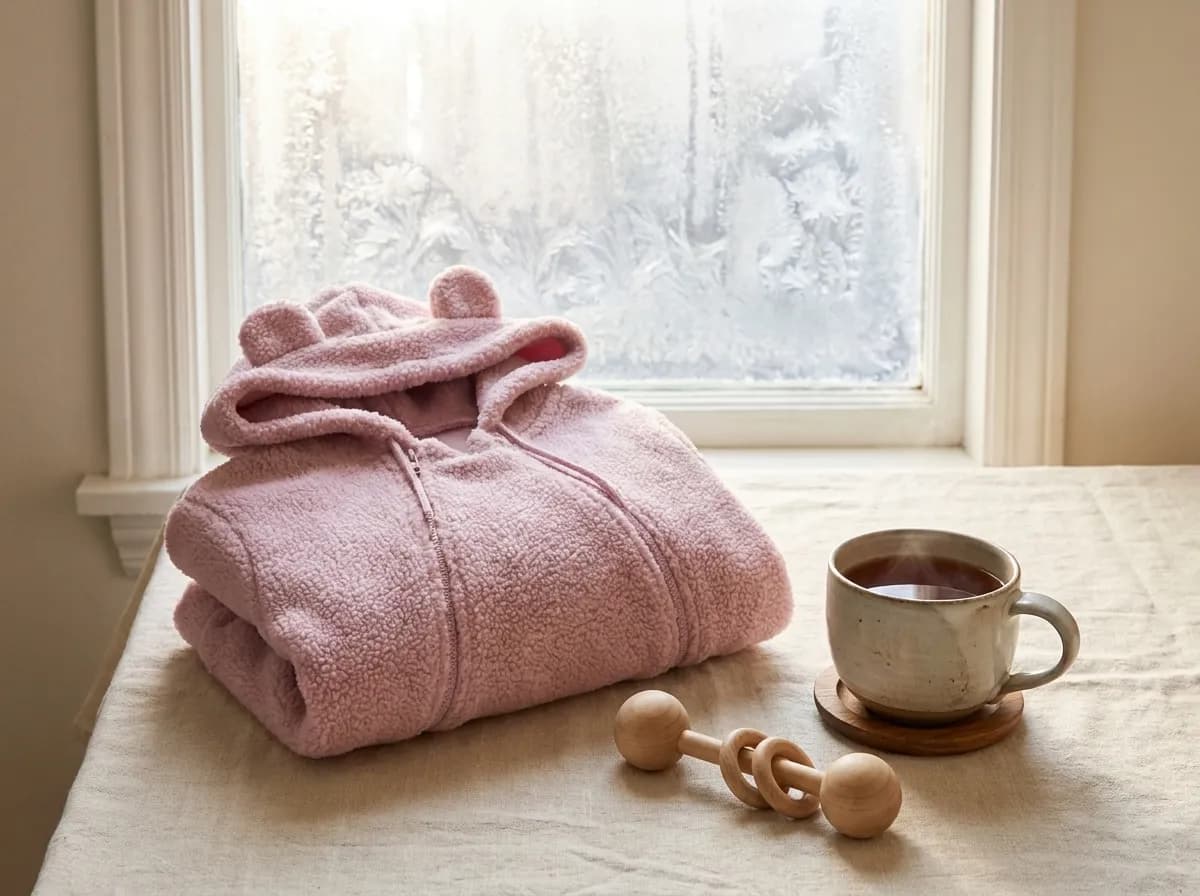 Nosící mikina Tulínko u zamrzlého okna, vedle hrnek čaje a dřevěné chrastítko