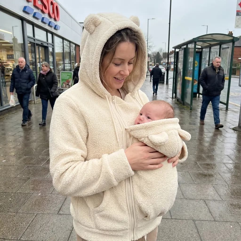Maminka s miminkem v nosící mikině Tulínko Fleece venku ve městě